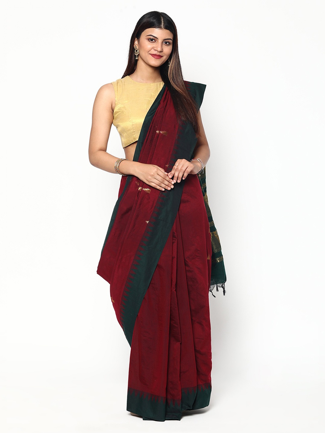 

Sudarshan Silks Maroon & Teal Ethnic Motifs Zari Silk Cotton Saree