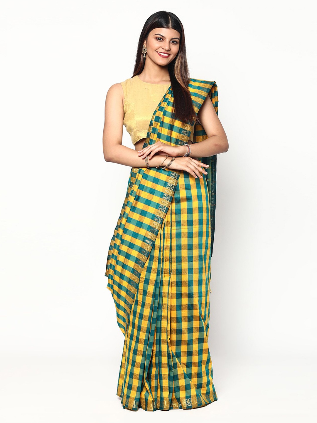 

Sudarshan Silks Green & Yellow Checked Zari Silk Cotton Saree