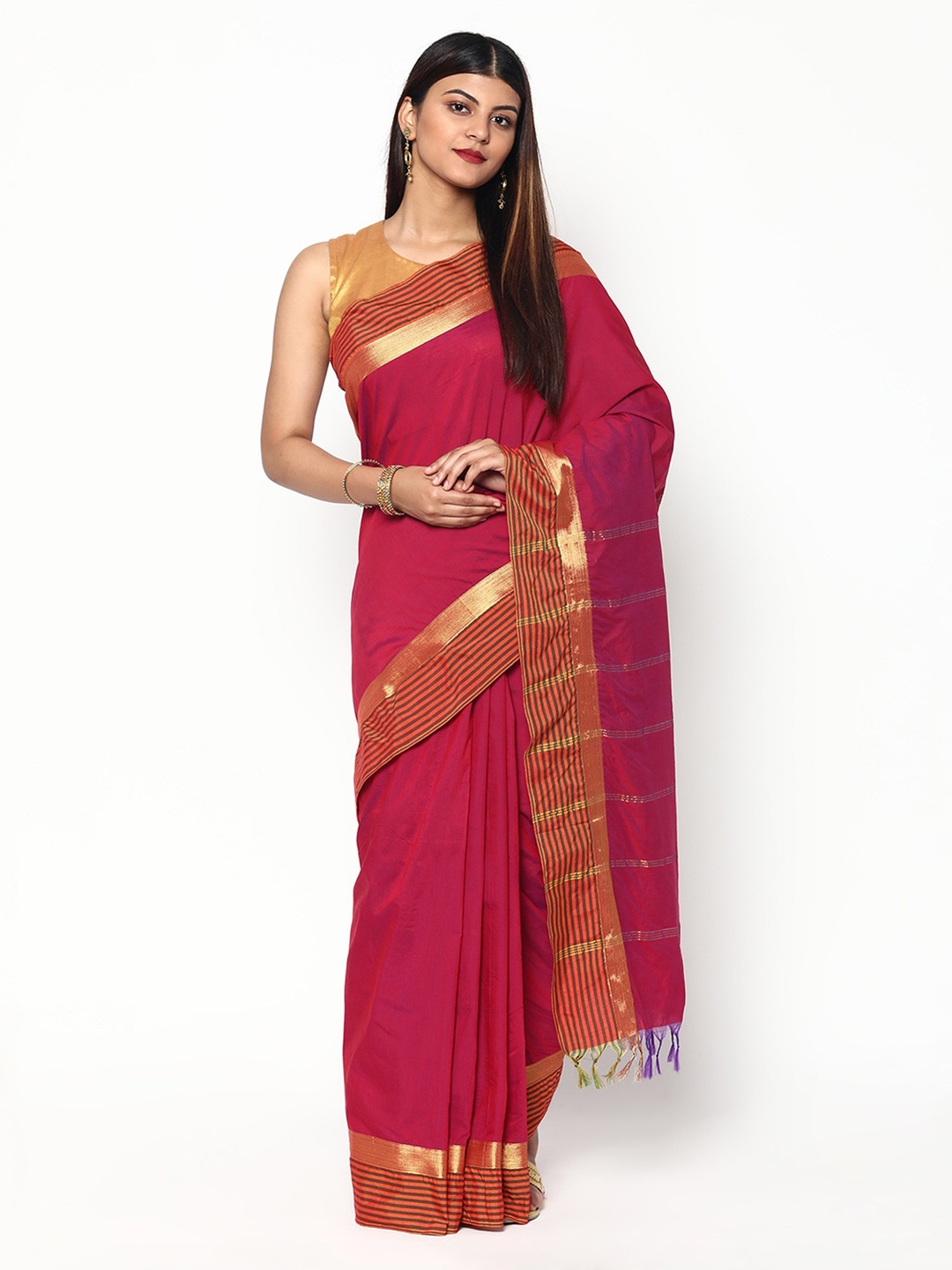 

Sudarshan Silks Pink & Gold-Toned Woven Design Zari Silk Cotton Saree