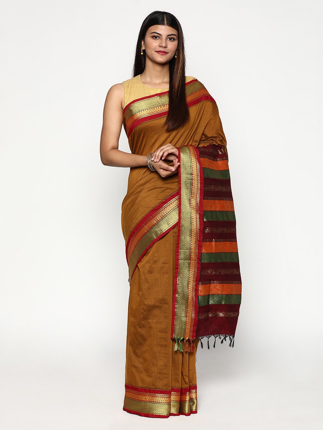 

Sudarshan Silks Mustard & Red Zari Silk Cotton Saree