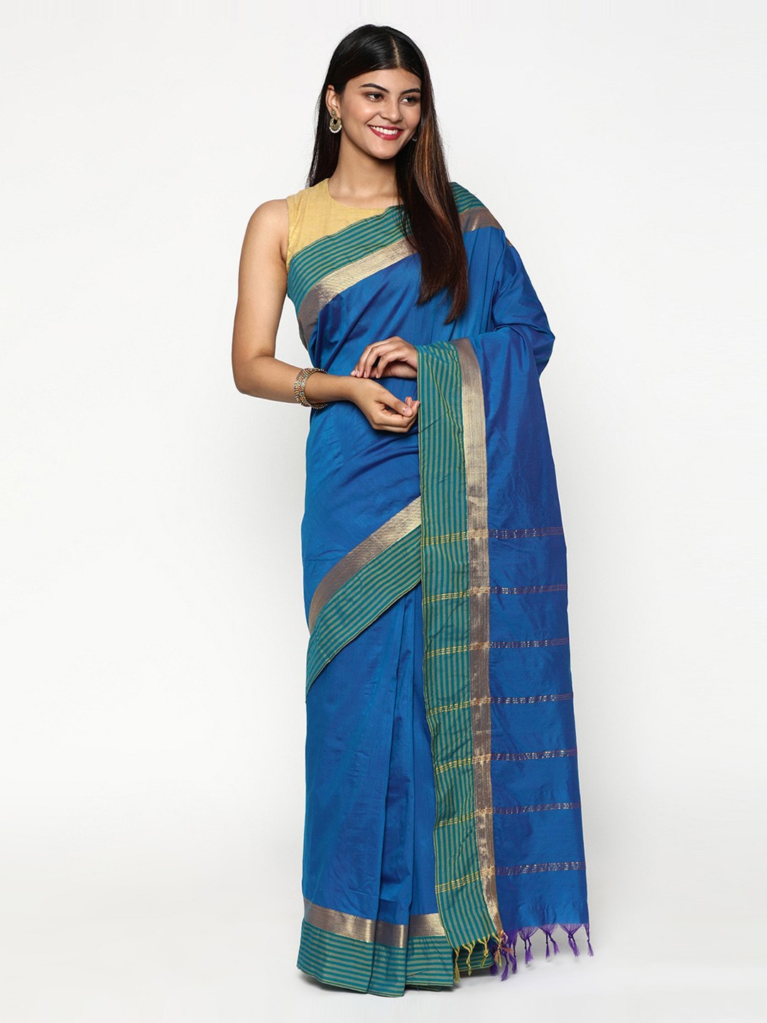 

Sudarshan Silks Blue & Gold-Toned Zari Silk Cotton Saree