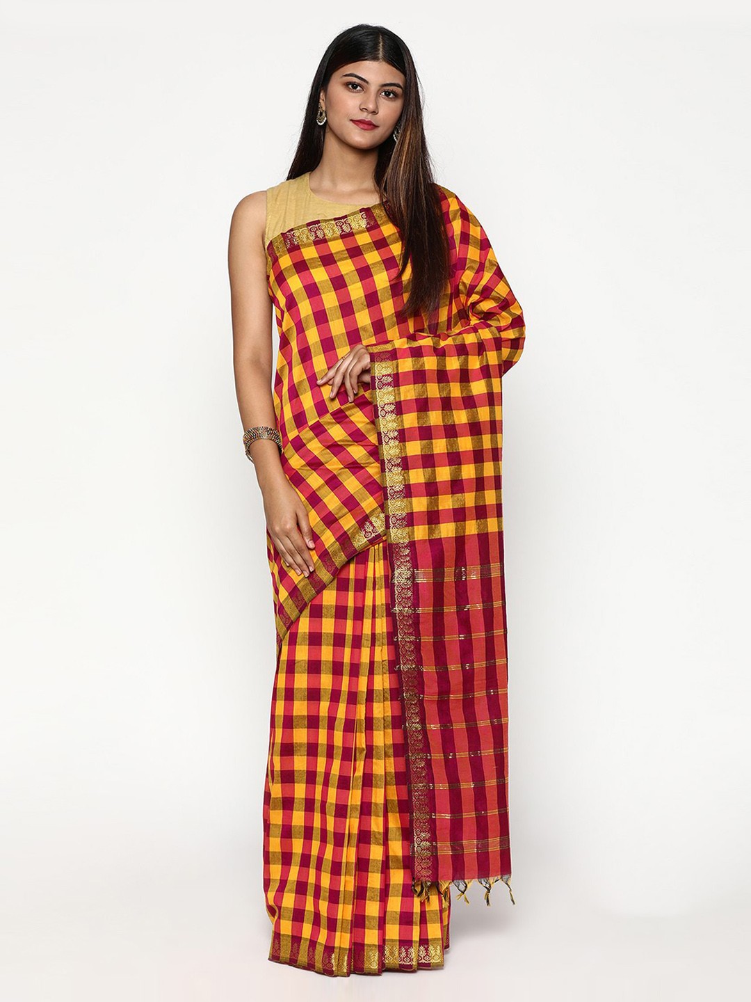 

Sudarshan Silks Orange & Pink Checked Zari Silk Cotton Saree