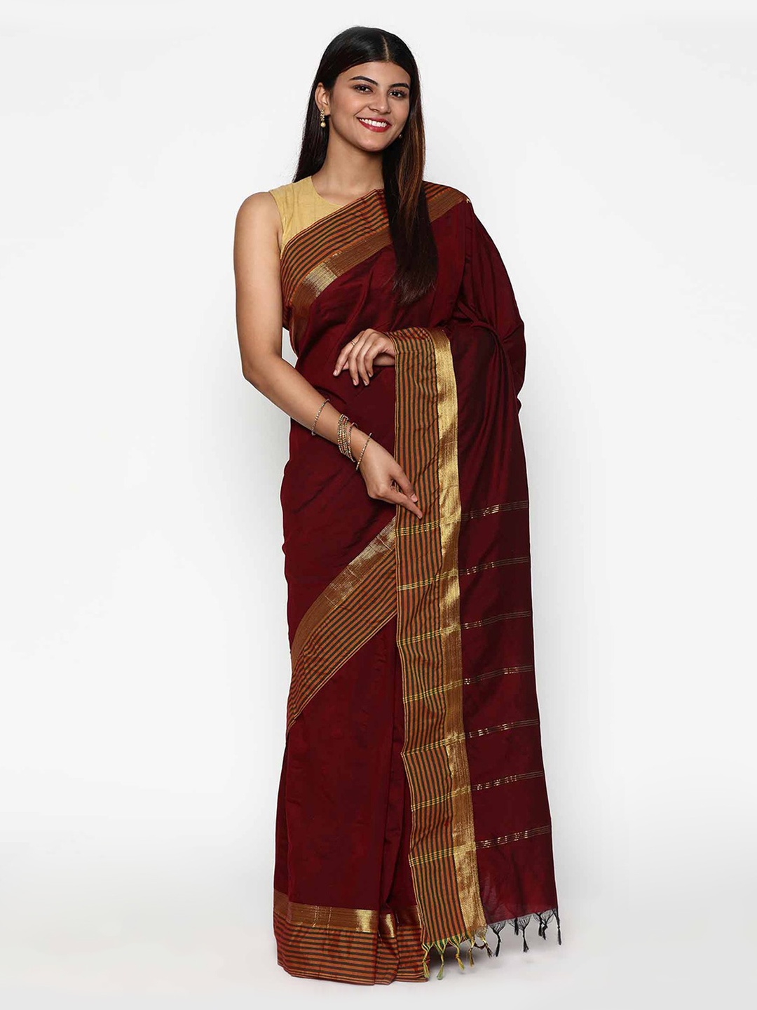 

Sudarshan Silks Maroon & Gold-Toned Zari Silk Cotton Saree