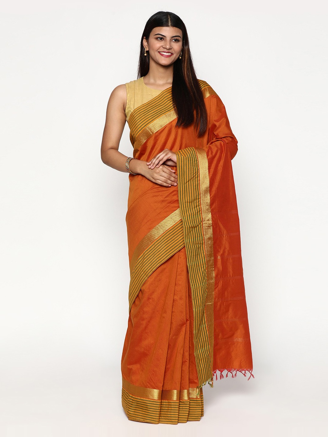 

Sudarshan Silks Orange & Green Zari Silk Cotton Saree