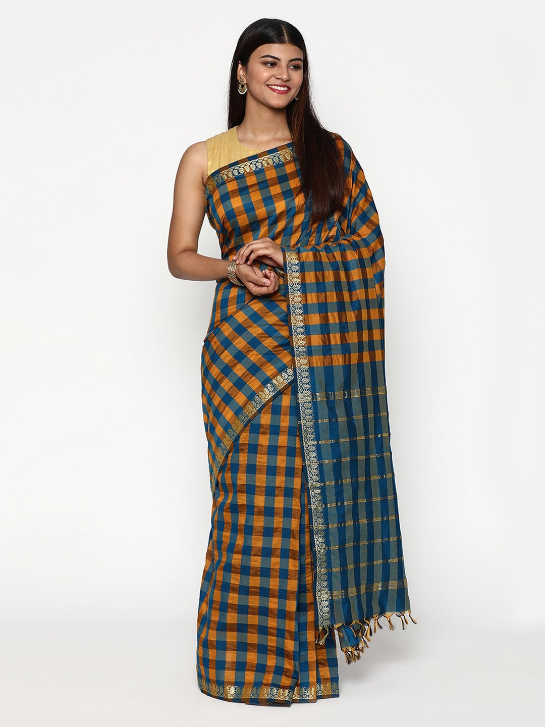 

Sudarshan Silks Blue & Orange Checked Zari Silk Cotton Saree