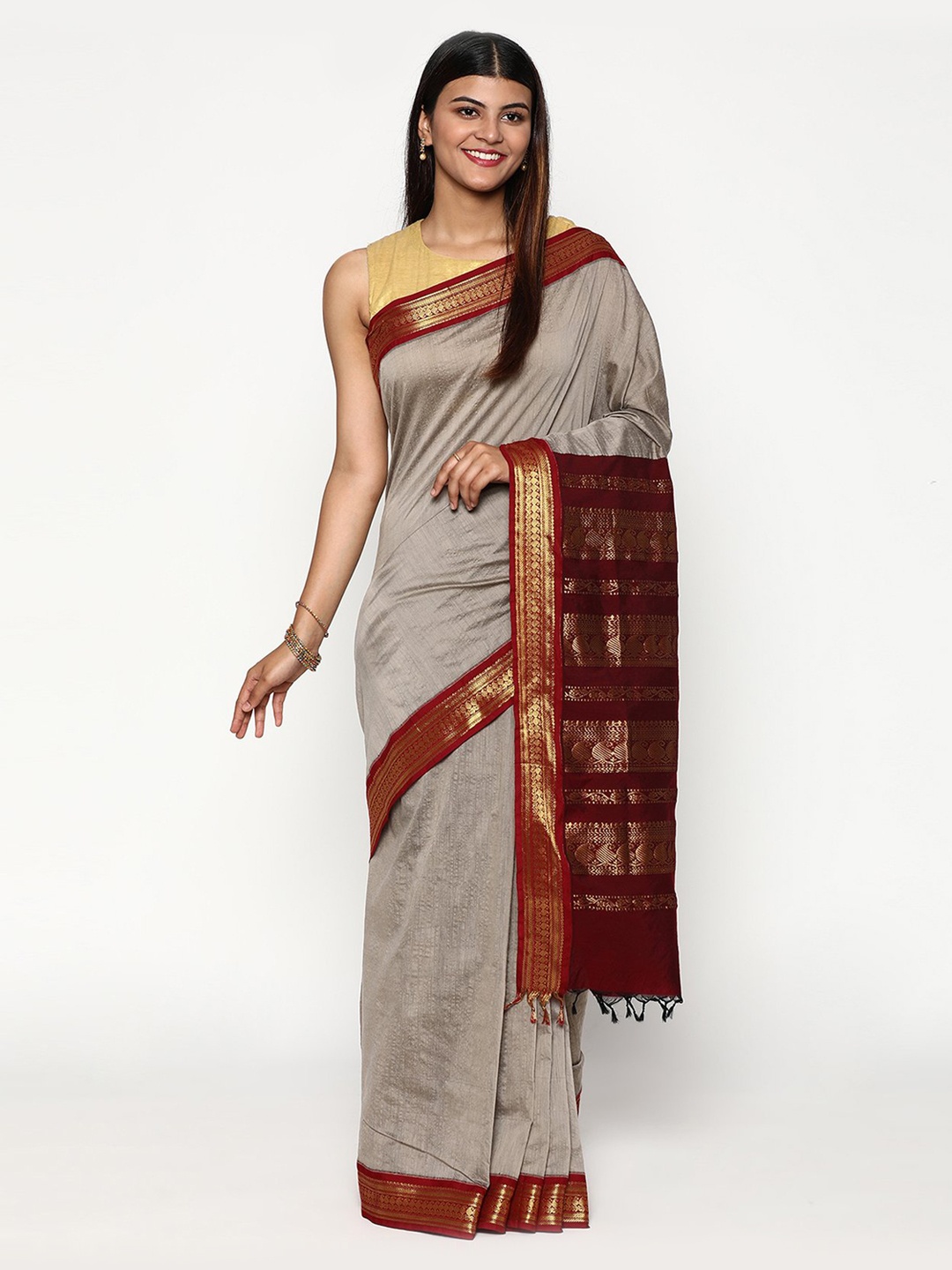 

Sudarshan Silks Grey & Maroon Zari Silk Cotton Saree