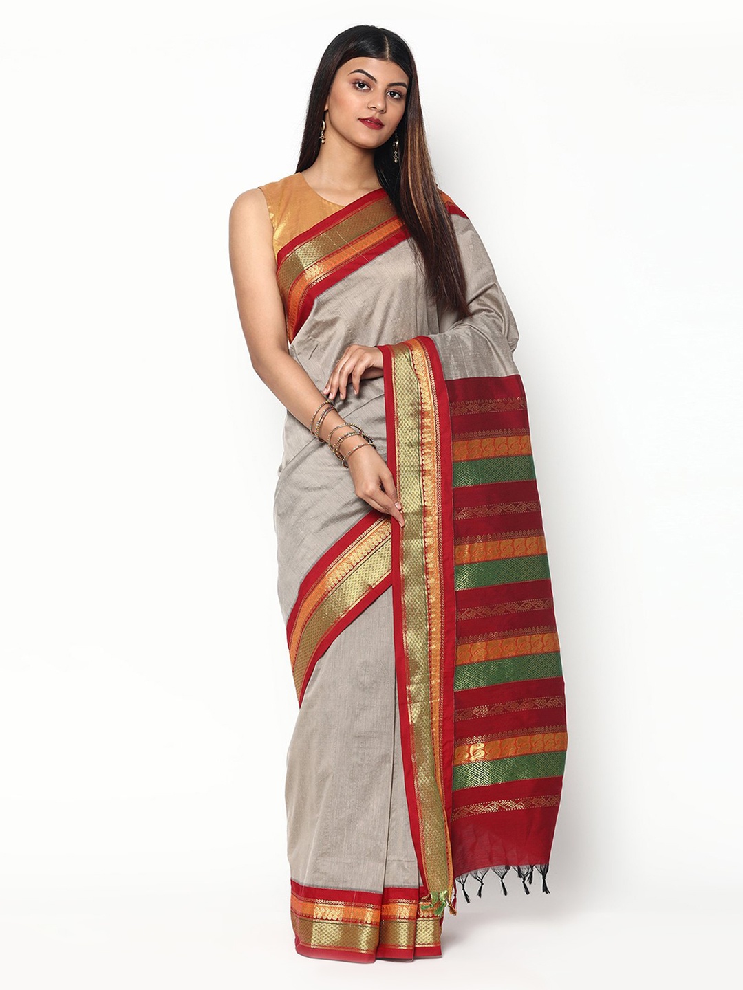

Sudarshan Silks Grey & Red Zari Silk Cotton Saree