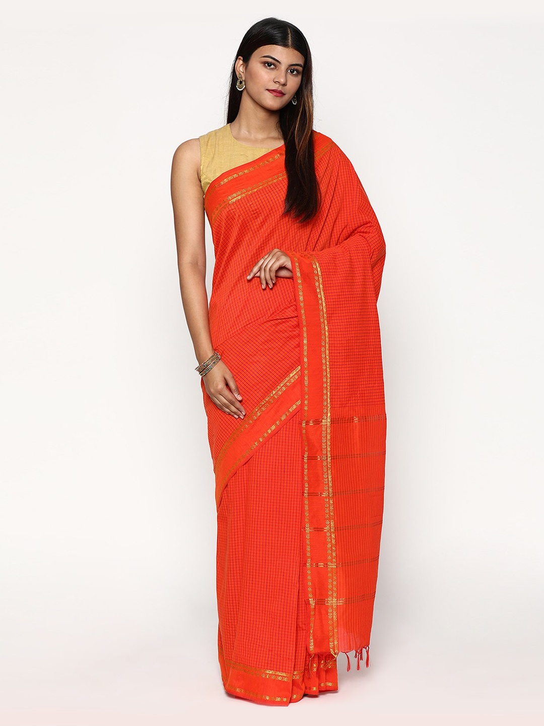 

Sudarshan Silks Orange & Gold-Toned Checked Zari Silk Cotton Saree