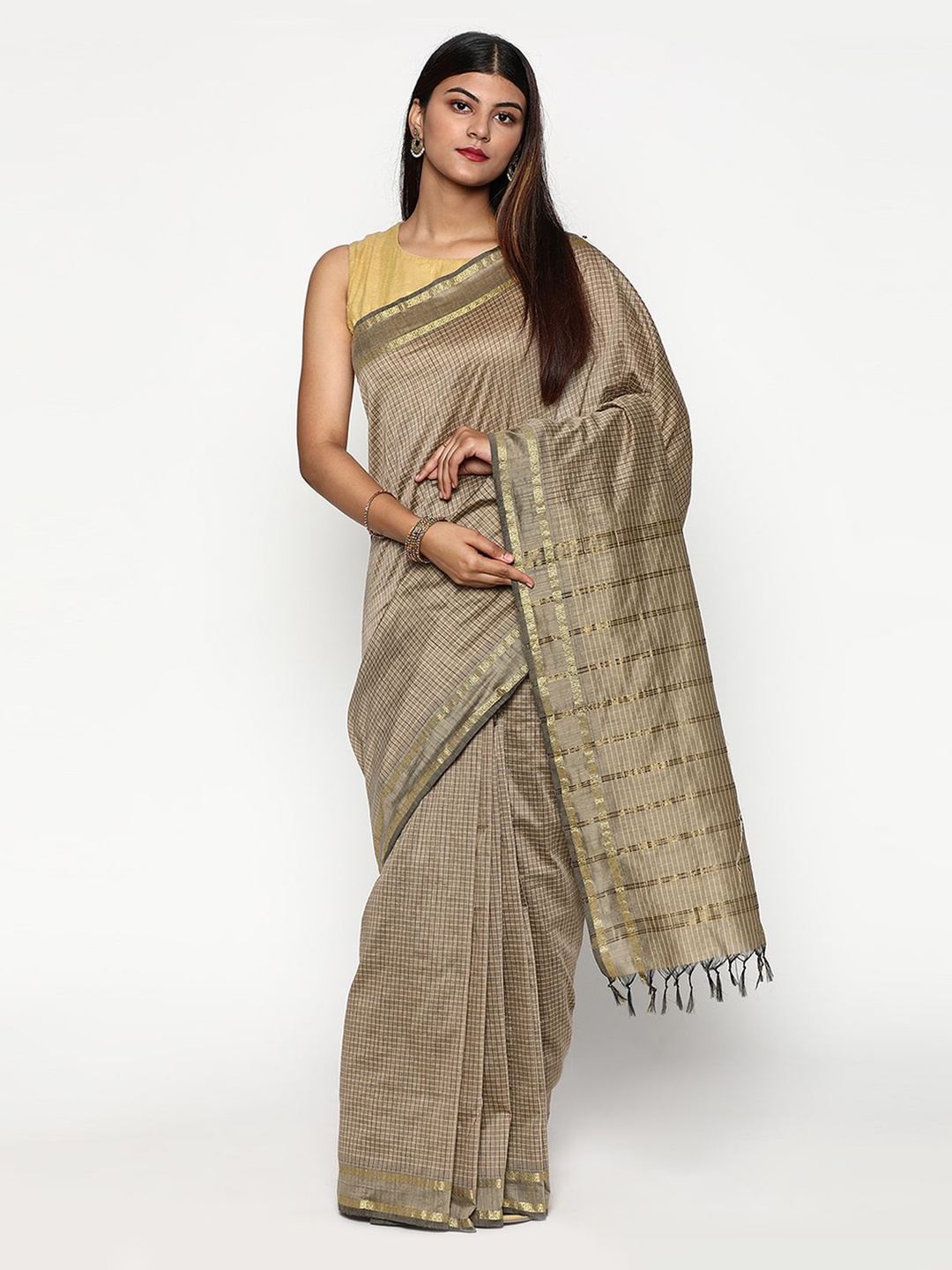 

Sudarshan Silks Beige & Gold-Toned Checked Zari Silk Cotton Saree