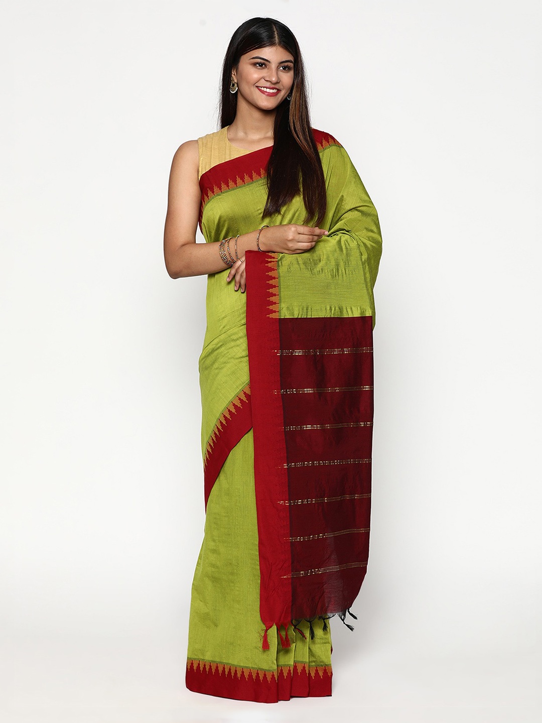 

Sudarshan Silks Green & Maroon Woven Design Zari Silk Cotton Saree