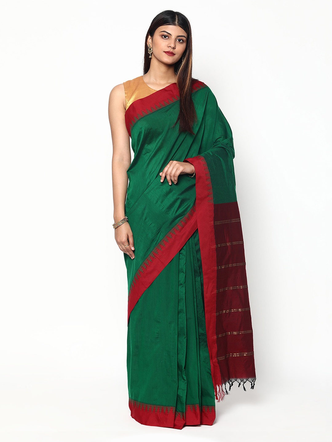 

Sudarshan Silks Green & Red Zari Silk Cotton Saree
