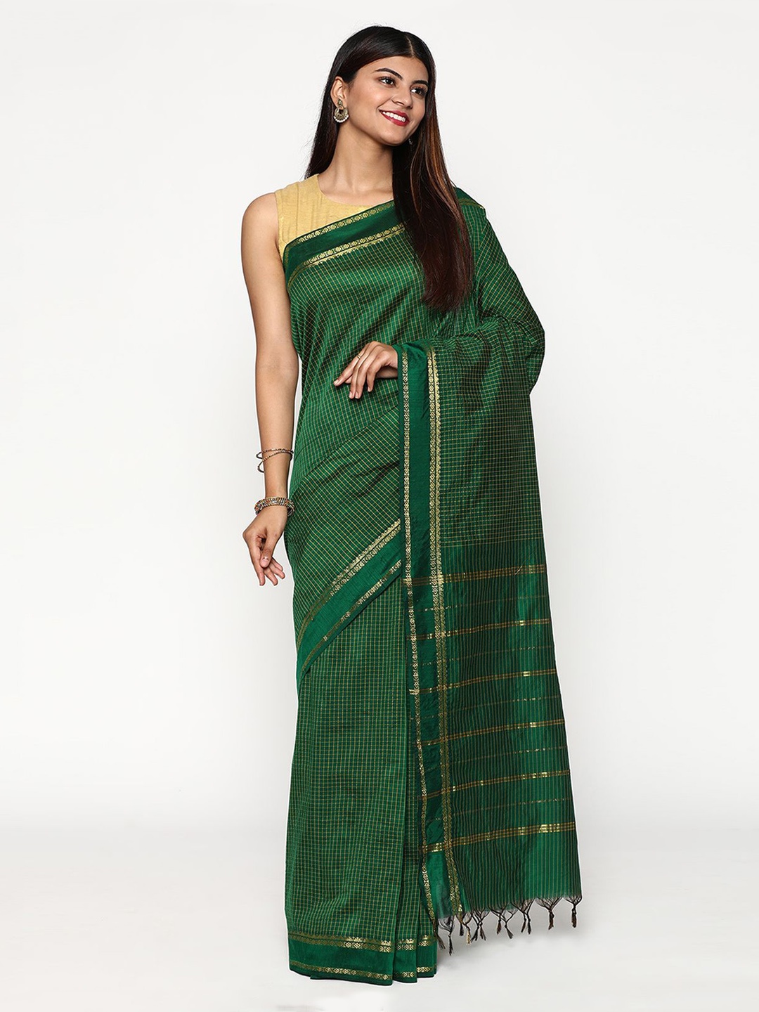 

Sudarshan Silks Green & Gold-Toned Checked Zari Silk Cotton Saree
