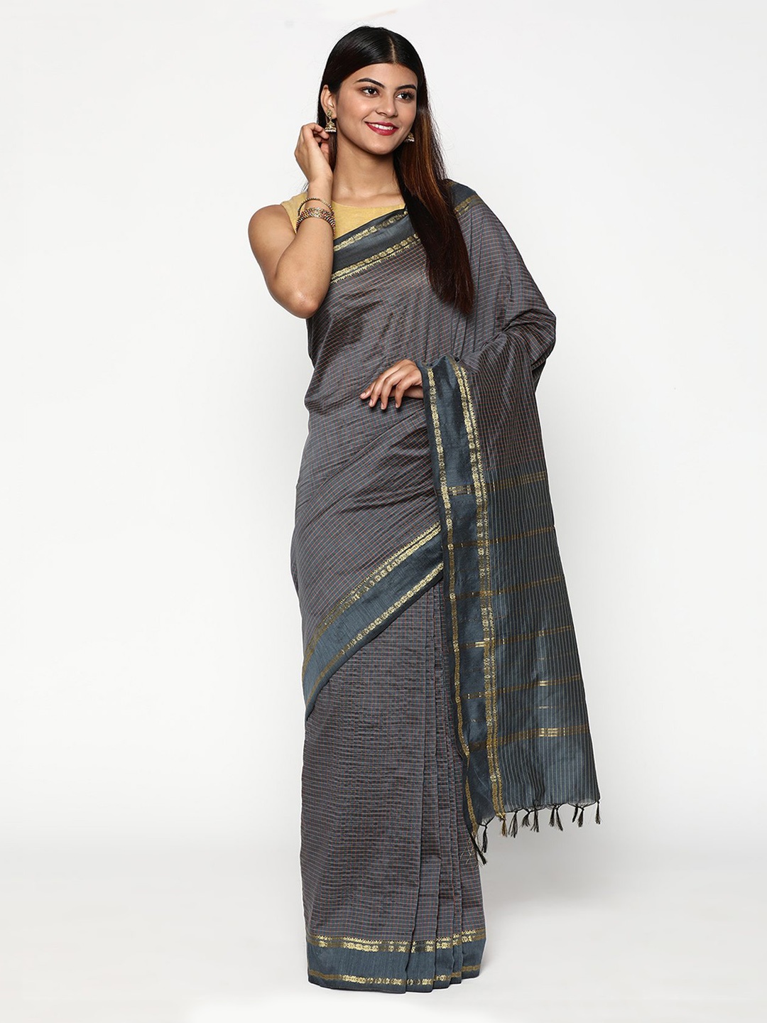 

Sudarshan Silks Grey & Gold-Toned Checked Zari Silk Cotton Saree