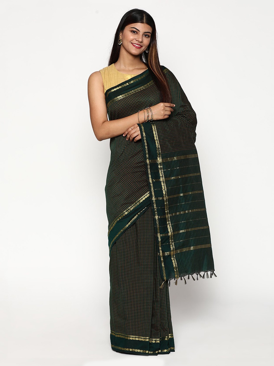 

Sudarshan Silks Green & Gold-Toned Checked Zari Silk Cotton Saree