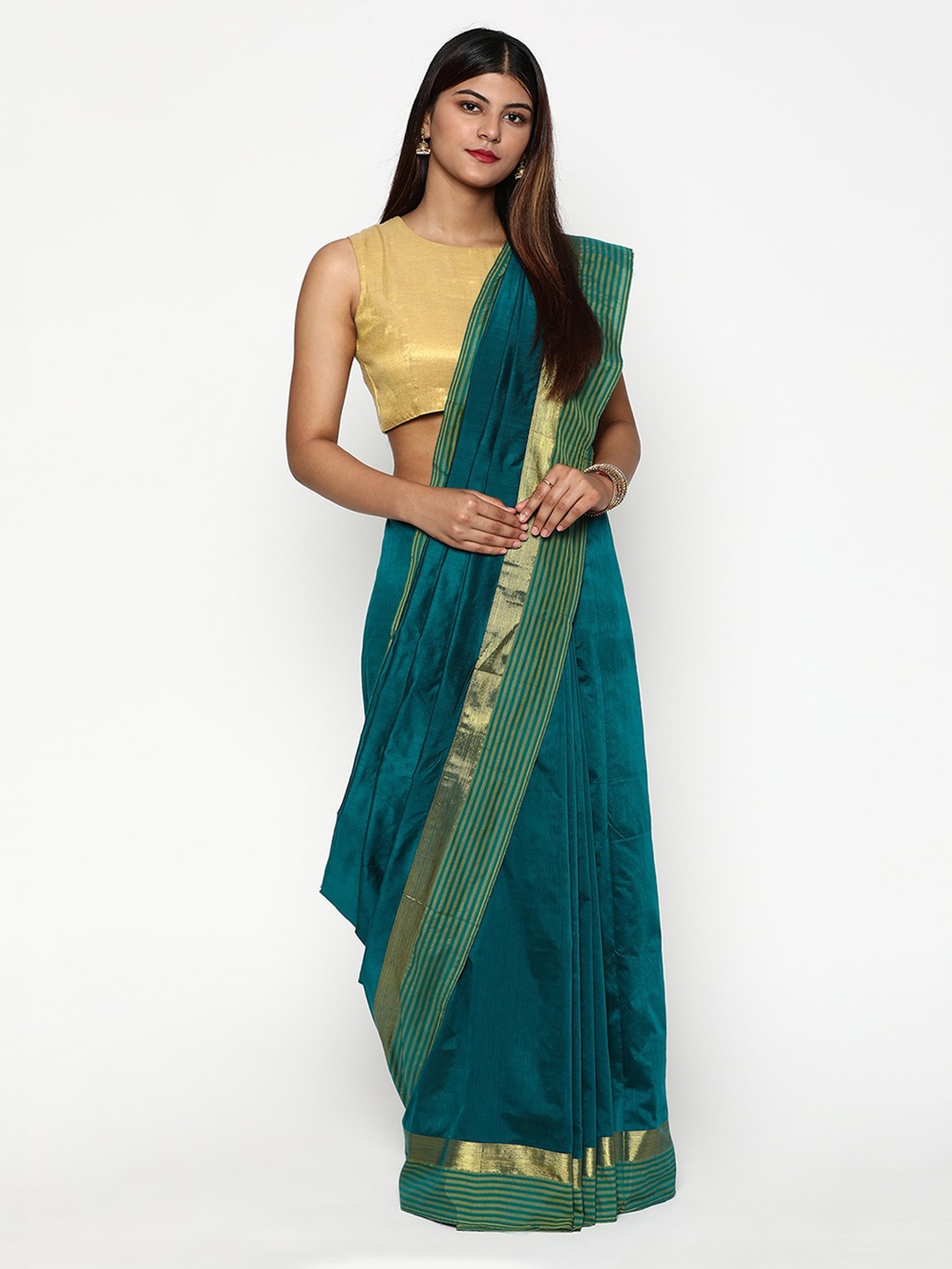 

Sudarshan Silks Blue & Gold-Toned Zari Silk Cotton Saree