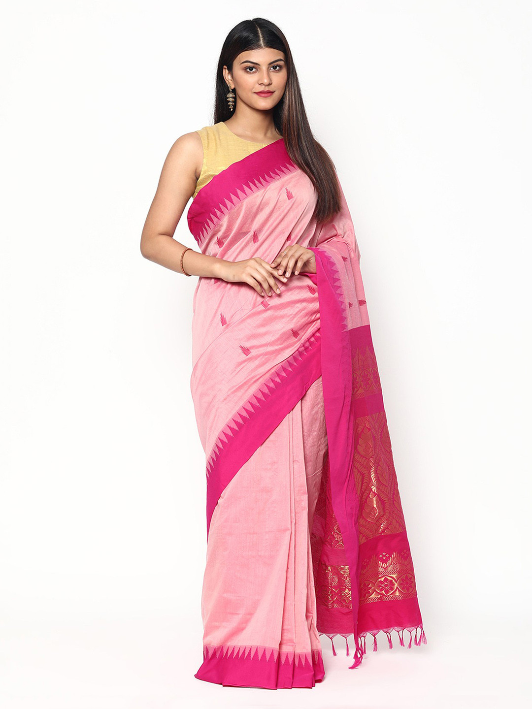 

Sudarshan Silks Pink & Gold-Toned Woven Design Zari Silk Cotton Saree