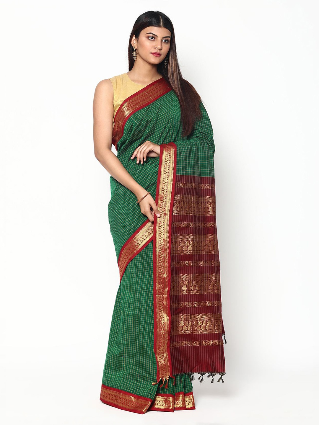

Sudarshan Silks Green & Gold-Toned Checked Zari Silk Cotton Saree