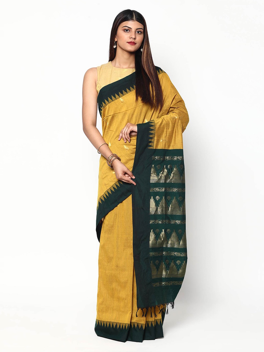 

Sudarshan Silks Yellow & Green Woven Design Zari Silk Cotton Saree