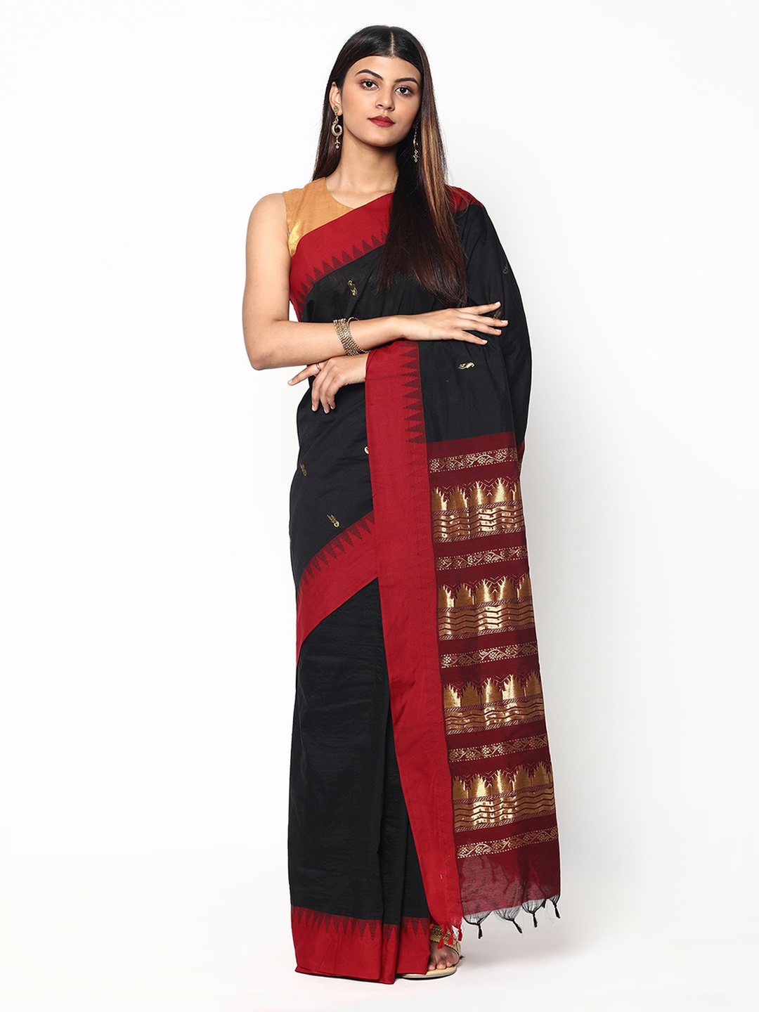 

Sudarshan Silks Black & Red Woven Design Zari Silk Cotton Saree