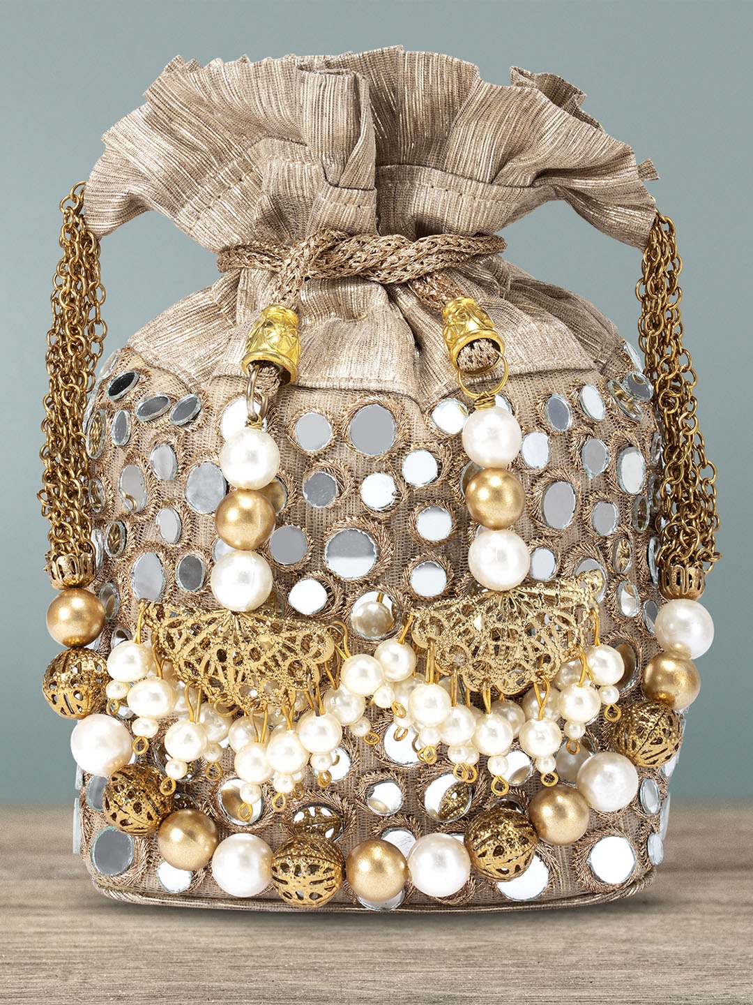 

Peora Gold-Toned & White Embellished Potli Clutch