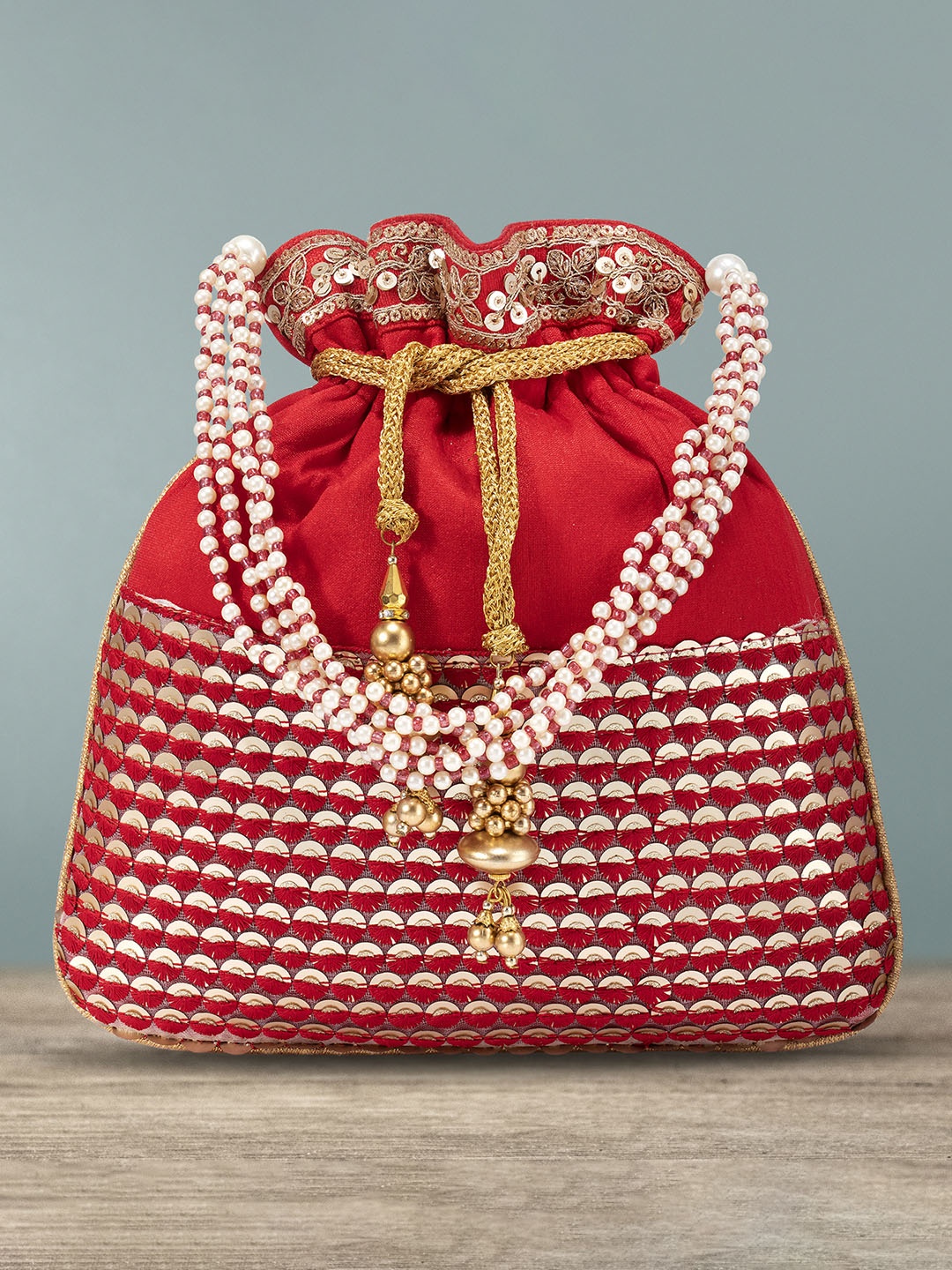 

Peora Red & Gold-Toned Embellished Potli Clutch
