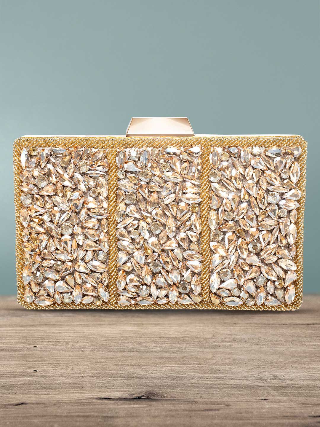 

Peora Gold-Toned & White Textured Embellished Purse Clutch