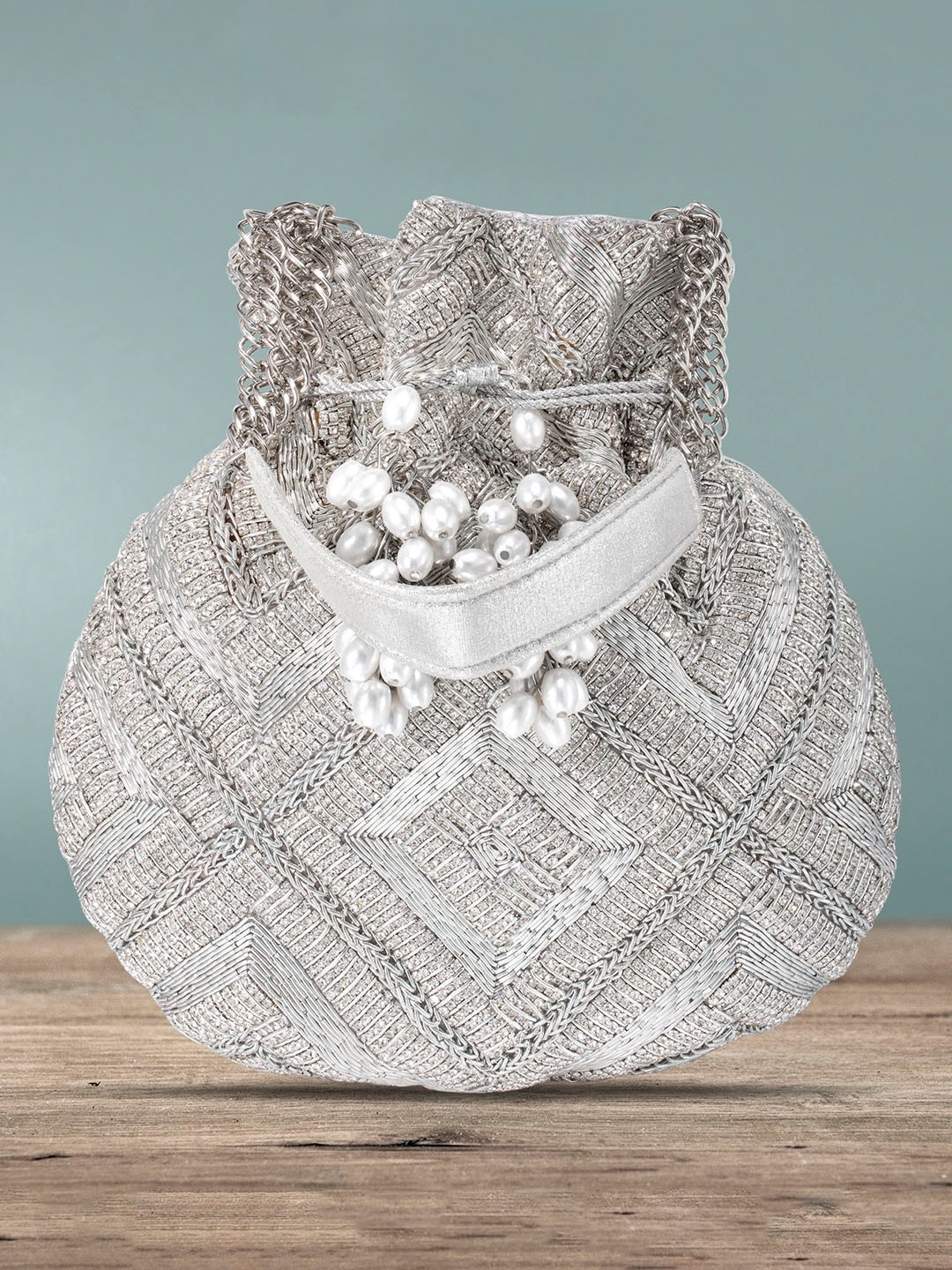 

Peora Silver-Toned & White Embroidered Embellished Potli Clutch