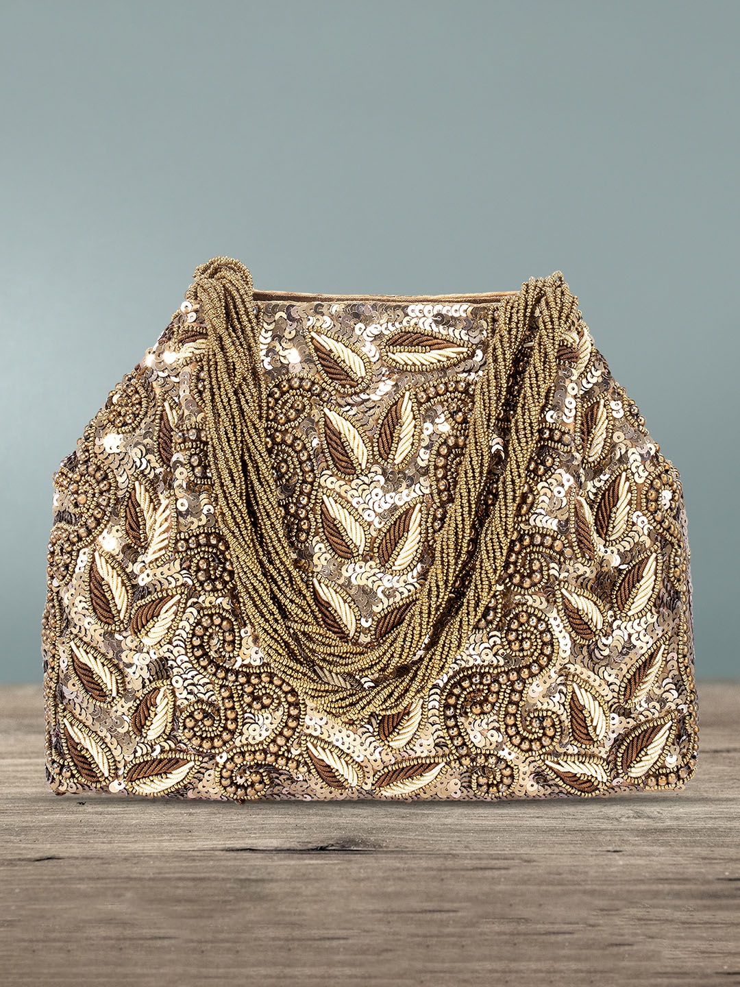 

Peora Brown & Gold-Toned Embellished Purse Clutch