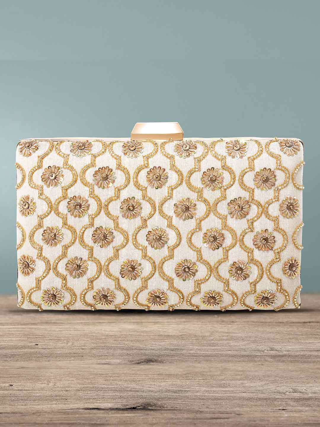

Peora Women Gold-Toned & Off White Embroidered Purse Clutch
