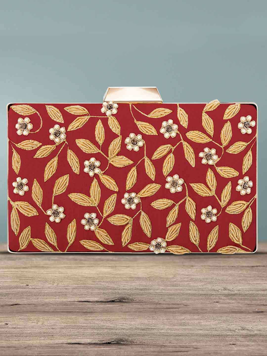 

Peora Red & Gold-Toned Embellished Purse Clutch