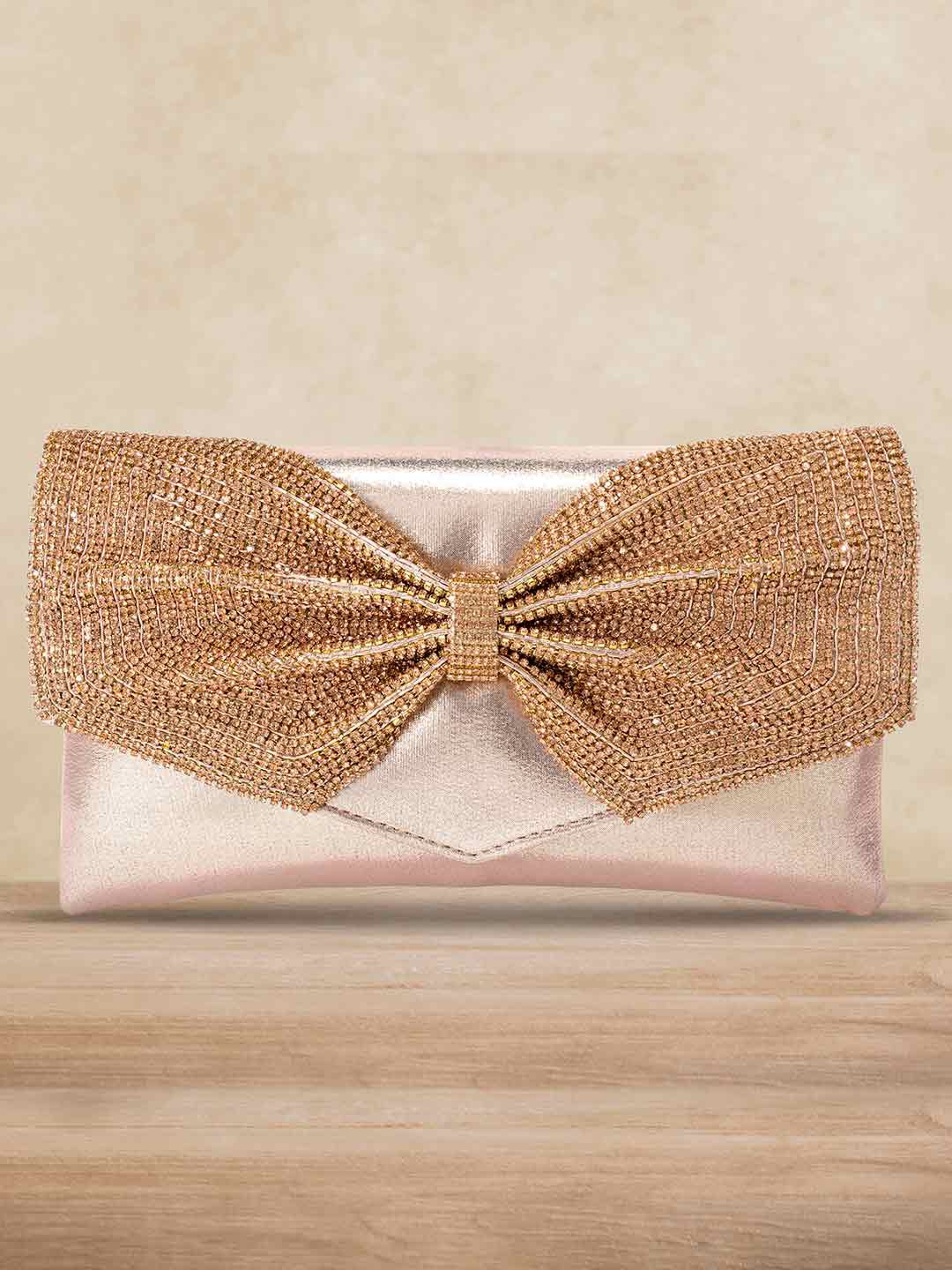 

Peora Rose Gold & Gold-Toned Embellished Bow Detail Purse Clutch