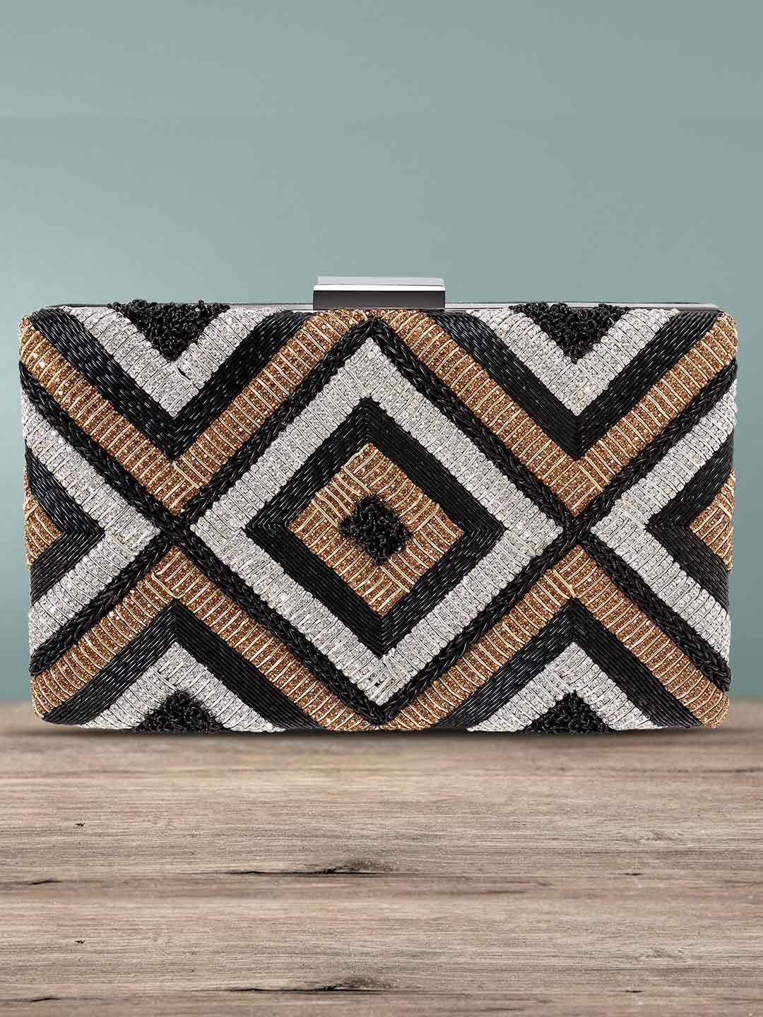 

Peora Black & Silver-Toned Embellished Purse Clutch