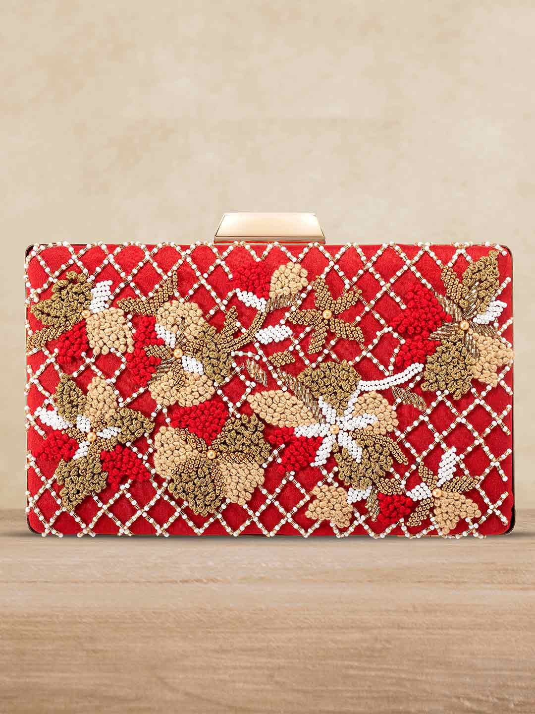 

Peora Red & Gold-Toned Embellished Box Clutch