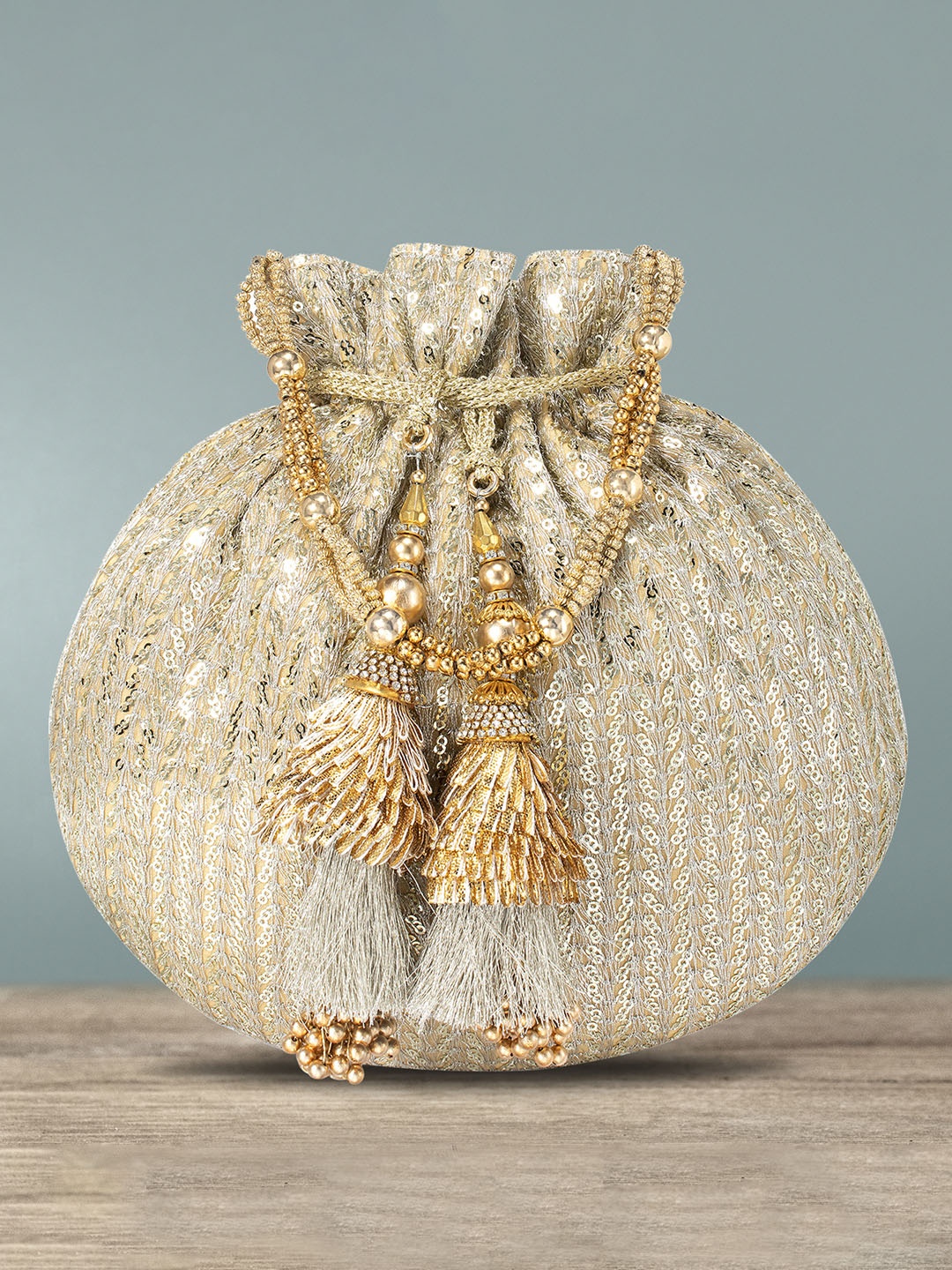 

Peora Gold Sequinned Embellished Potli Clutch with Drawstring