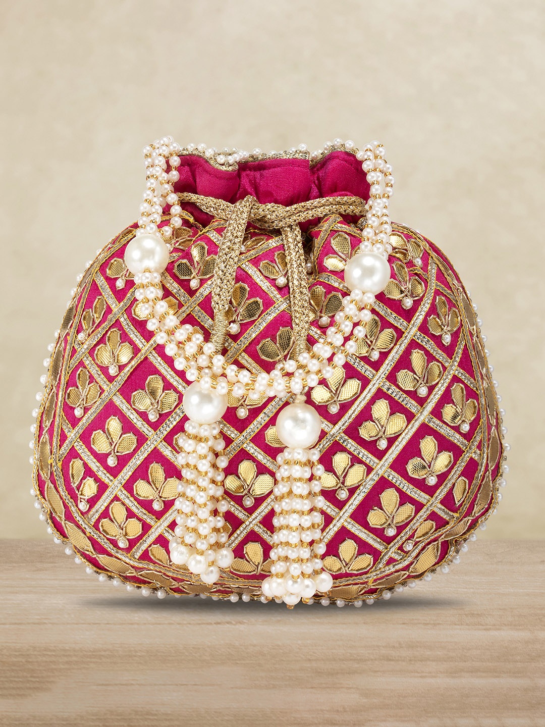 Peora Magenta & Gold-Toned Embellished Potli Clutch
