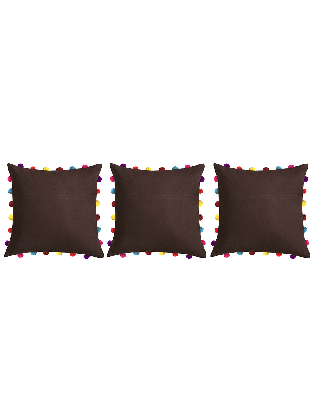 

Lushomes Brown & Blue Set of 3 Square Cushion Covers with Colorful Pom poms