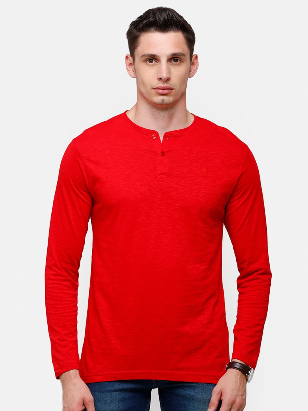 

Classic Polo Men Red Henley Neck Slim Fit T-shirt