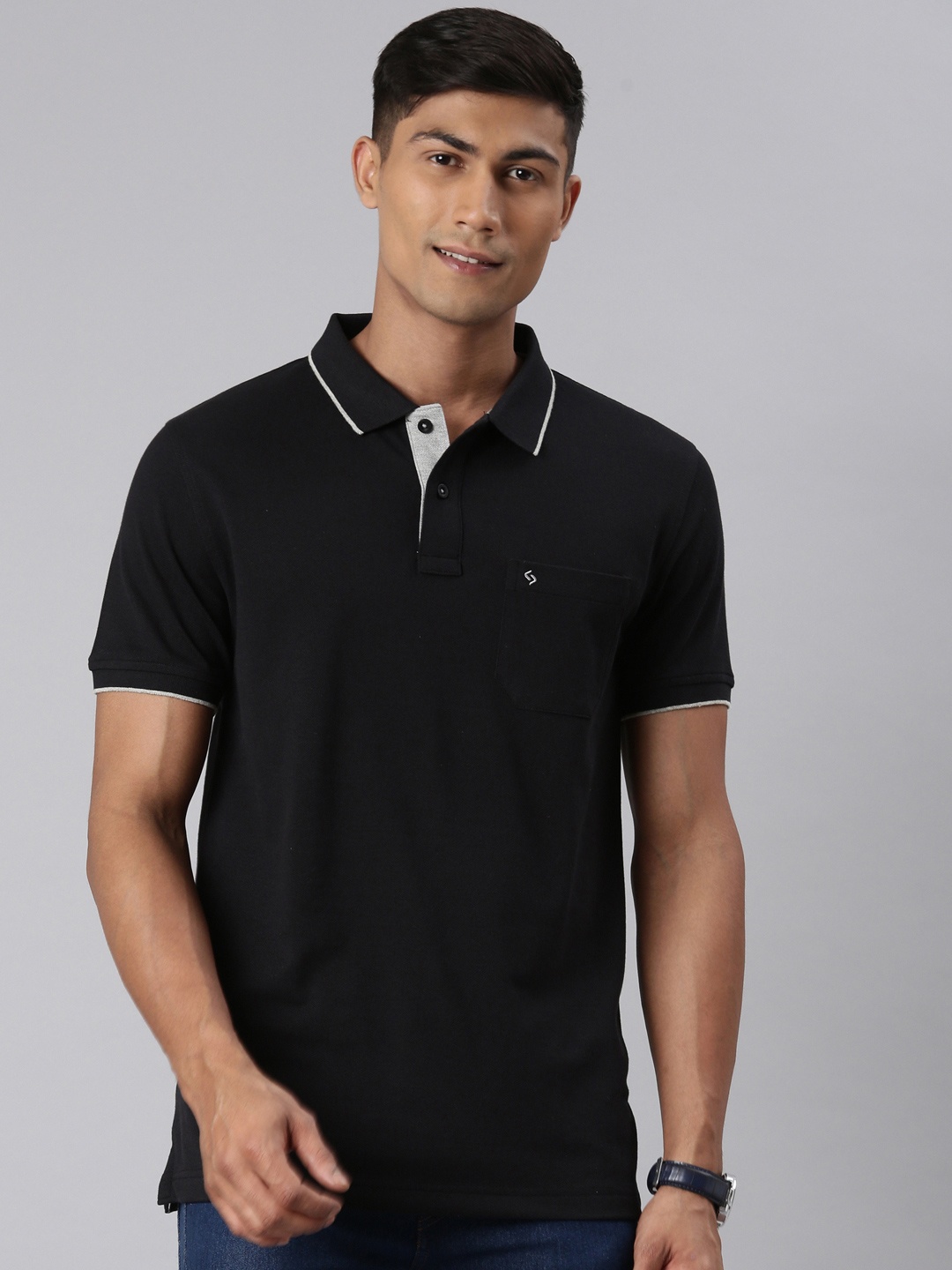 

Classic Polo Men Black Polo Collar Pockets Slim Fit T-shirt