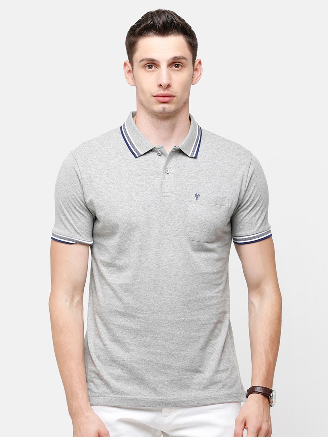 

Classic Polo Men Grey Polo Collar Pockets Slim Fit T-shirt