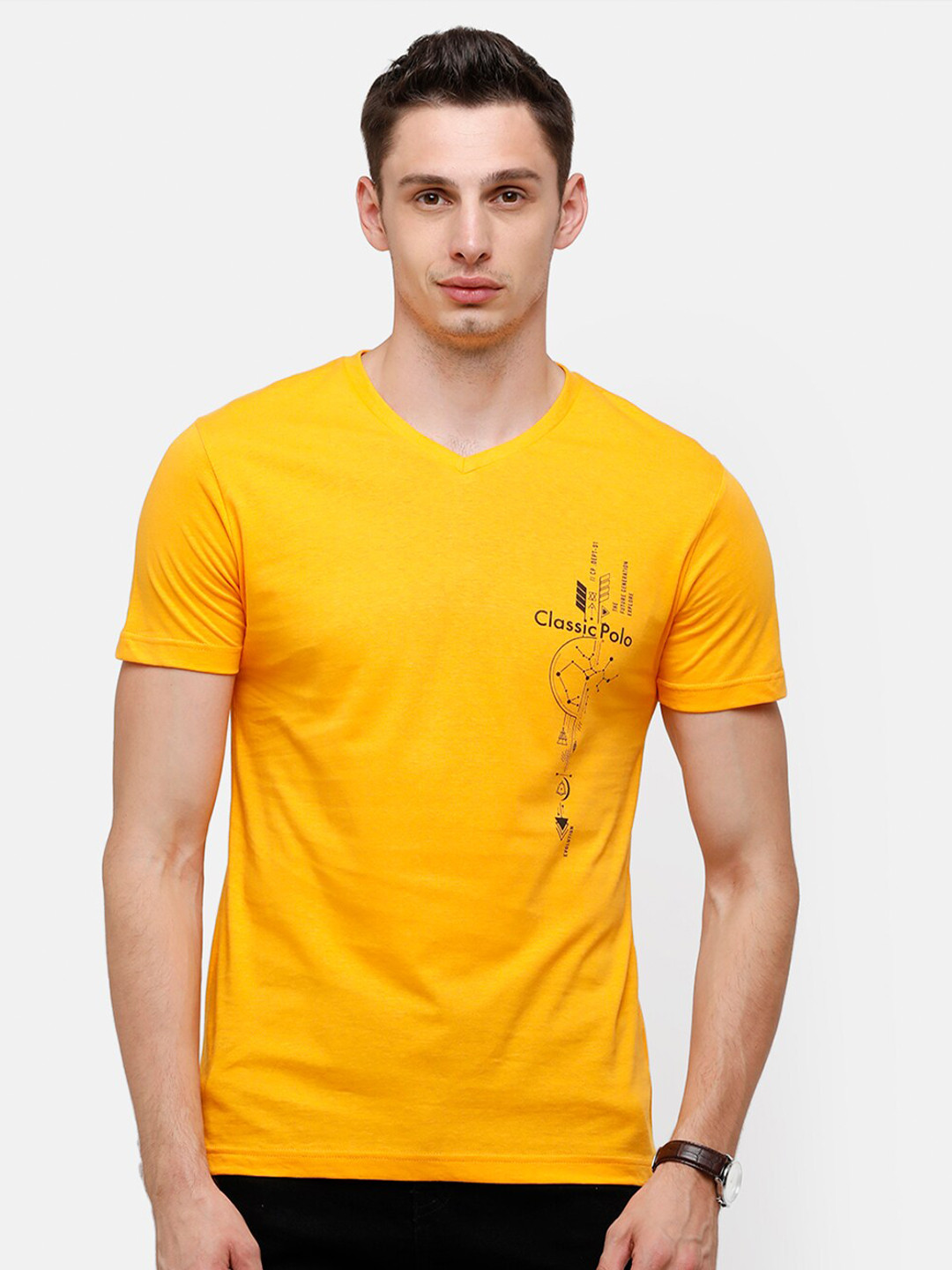 

Classic Polo Men Yellow Typography V-Neck Pockets Slim Fit T-shirt