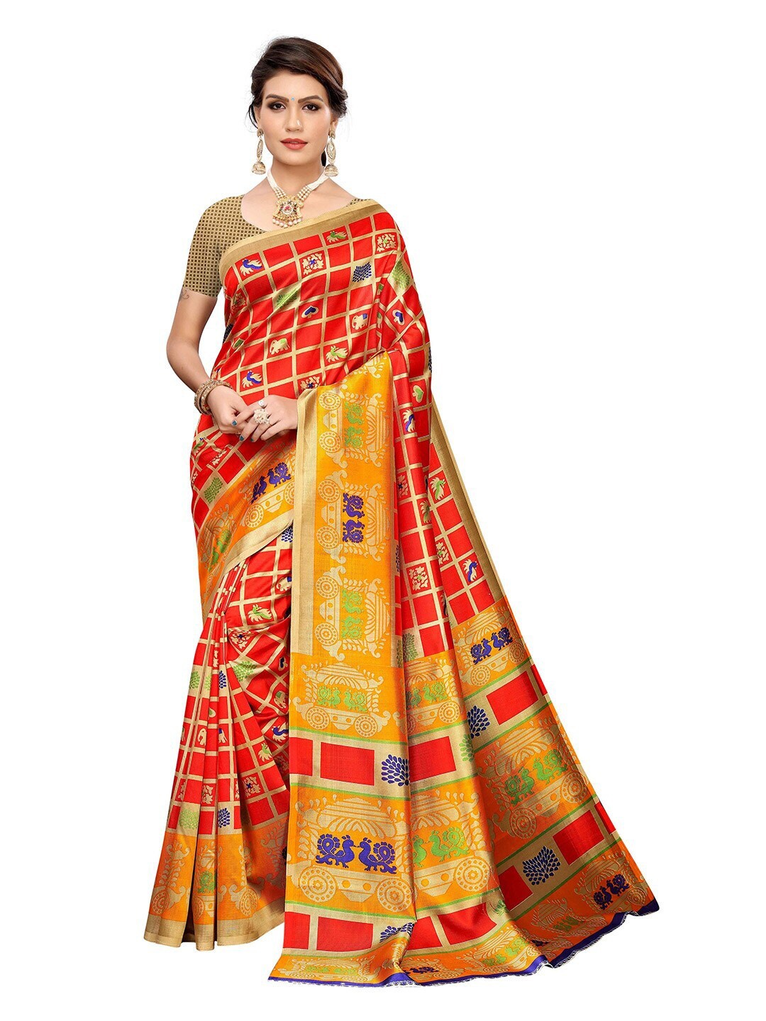 

MOKSHA DESIGNS Red & Gold-Toned Checked Pure Silk Kanjeevaram Saree
