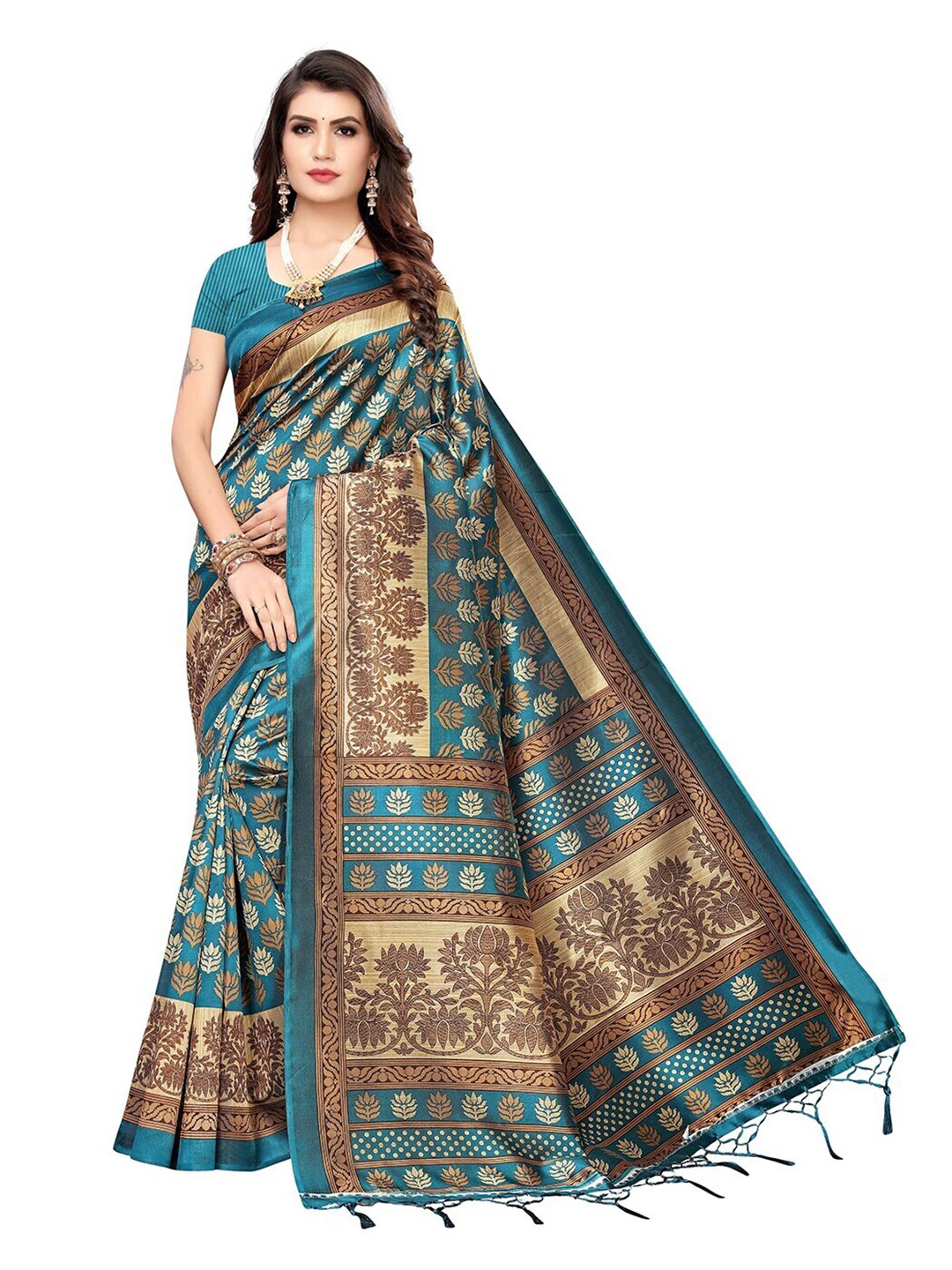 

MOKSHA DESIGNS Blue & Brown Floral Pure Silk Banarasi Saree