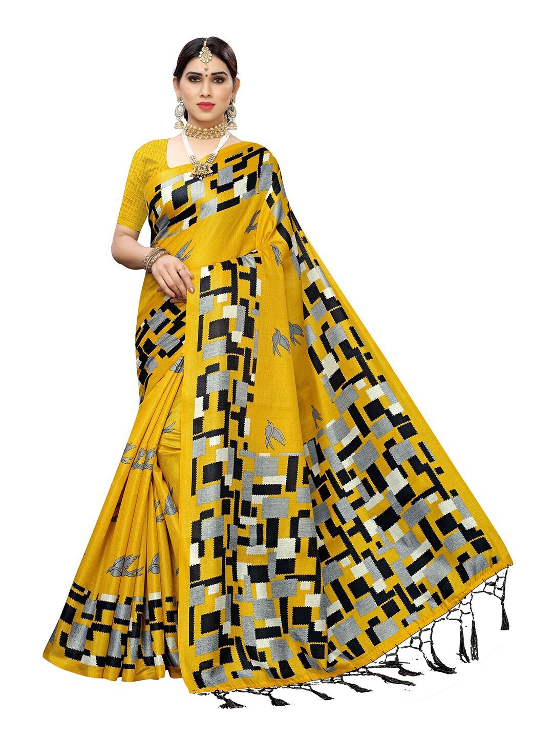 

MOKSHA DESIGNS Yellow & Grey Ethnic Motifs Printed Pure Silk Banarasi Saree