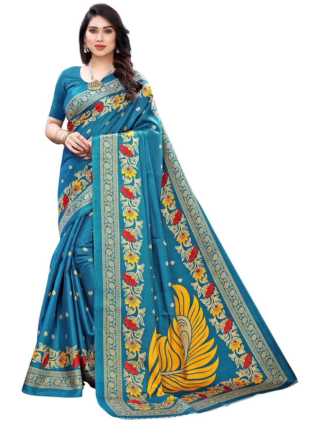 

MOKSHA DESIGNS Blue & Mustard Ethnic Motifs Pure Silk Kanjeevaram Saree