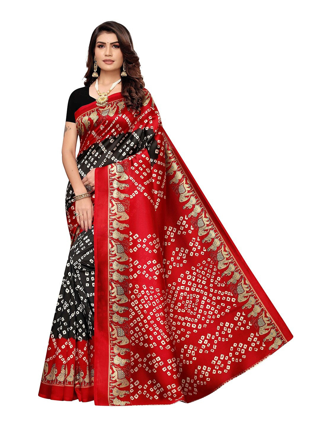 

MOKSHA DESIGNS Red & Black Bandhani Handloom Pure Silk Kanjeevaram Saree