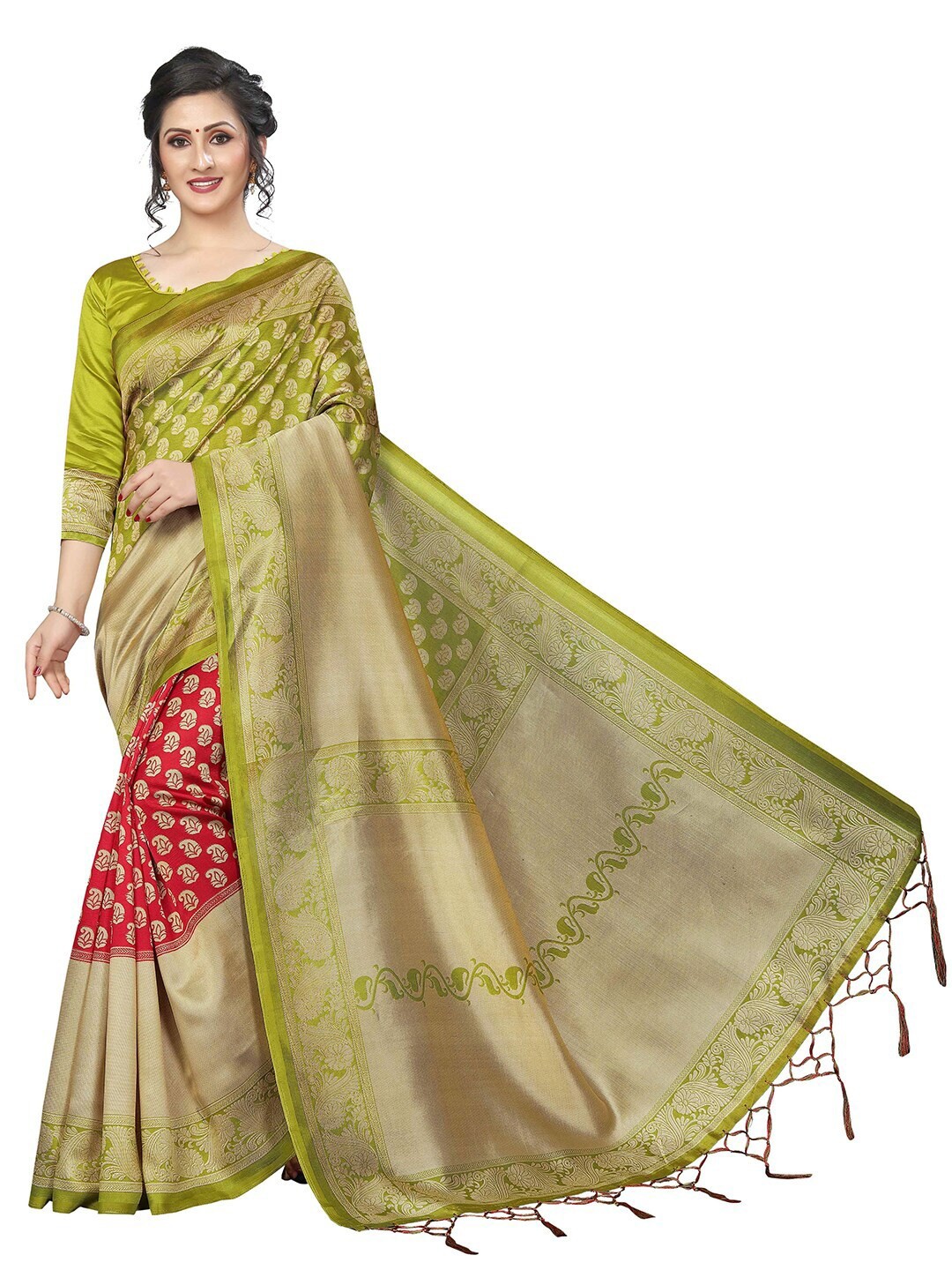 

MOKSHA DESIGNS Red & Green Ethnic Motifs Pure Silk Banarasi Saree