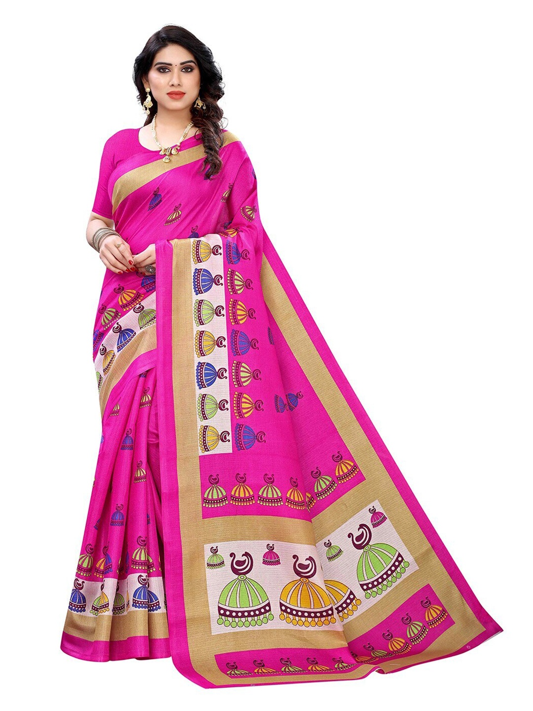 

MOKSHA DESIGNS Pink & Blue Ethnic Motifs Printed Pure Silk Banarasi Saree