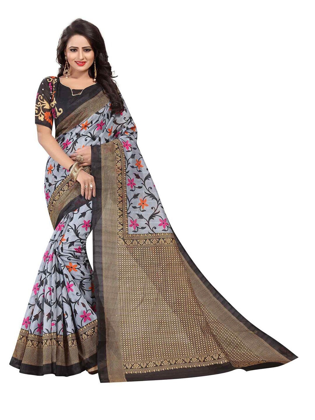 

MOKSHA DESIGNS Black & Grey Floral Pure Silk Kanjeevaram Saree