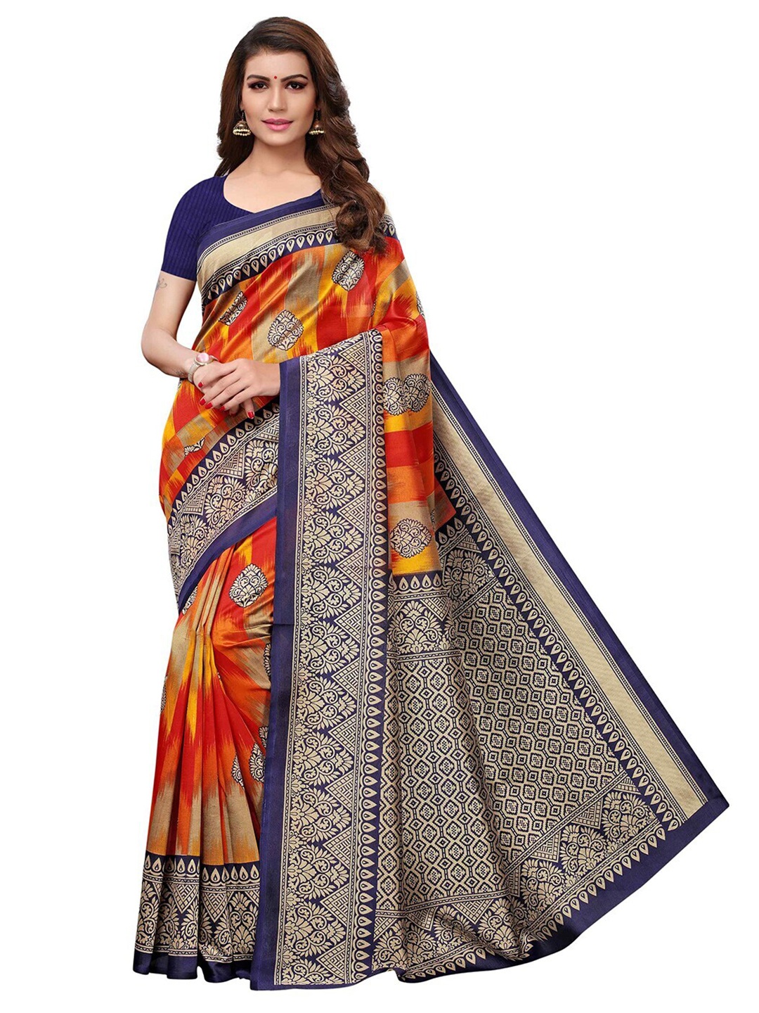 

MOKSHA DESIGNS Orange & Blue Ethnic Motifs Handloom Pure Silk Kanjeevaram Saree