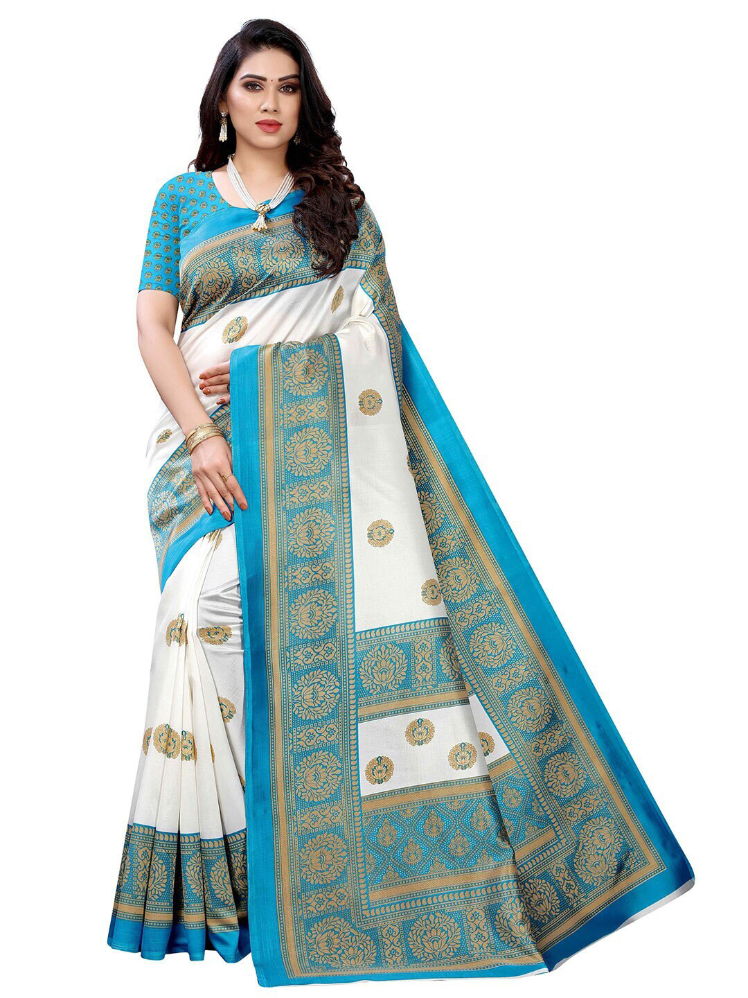 

MOKSHA DESIGNS White & Turquoise Blue Ethnic Motifs Pure Silk Banarasi Saree